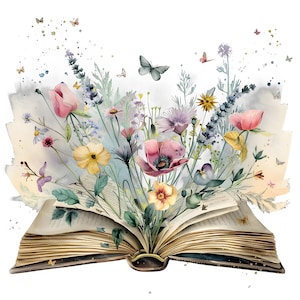 Watercolor Floral Book Clipart, Botanical Illustration PNG, Open Book with Wildflowers, Spring PNG Set, Reading Garden Art