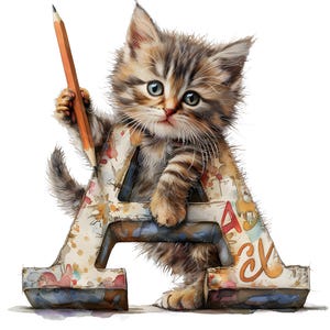 Kitten ABC Clipart Bundle, 10 Watercolor Letters with Cats, Cute Animal Initial Clip Art, Cat Letter PNG Set
