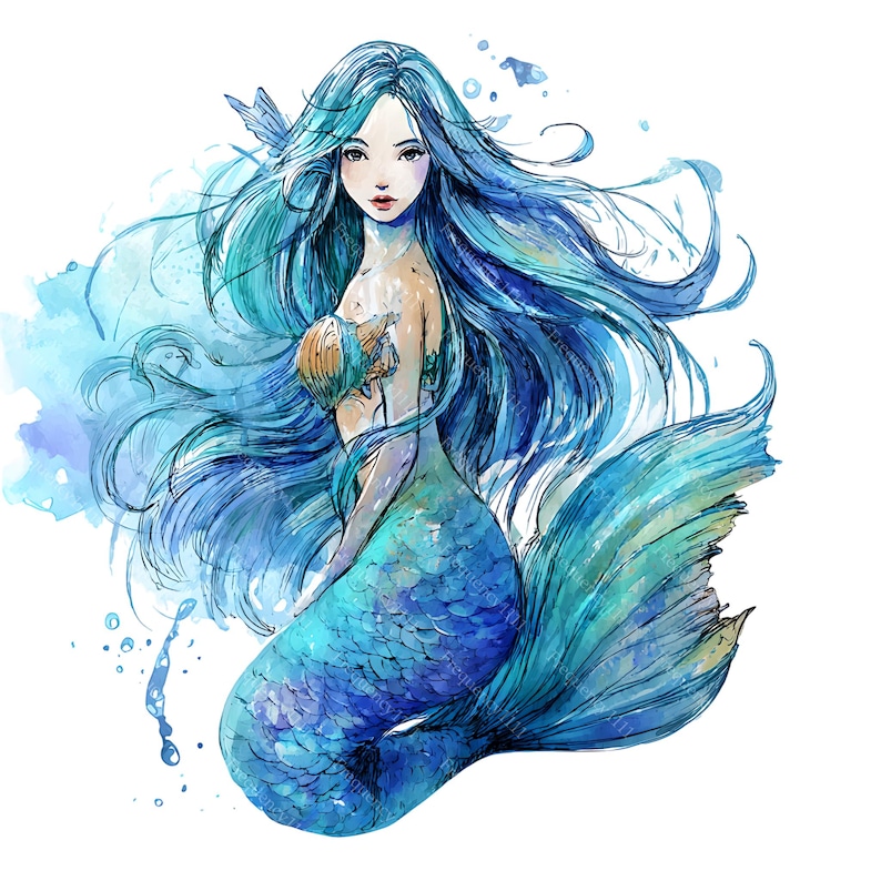 Watercolor Mermaid Clipart Bundle, 11 PNG Fantasy Ocean Art, Digital ...