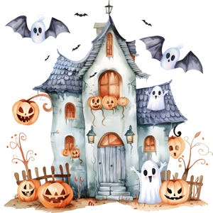 Halloween Ghost Clipart Set, 12 Cute Haunted House PNGs, Watercolor Spooky Pumpkin Illustrations, Ghost Digital Clip Art, Fall Decor