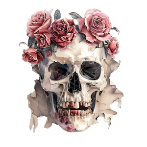 Watercolor Skull and Roses Clipart, Gothic Floral PNG, Vintage Skull Print, Halloween Digital Art, Rose Crown Illustration