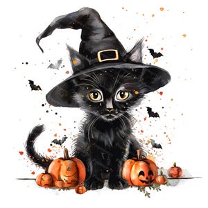 Black Cat Halloween Clipart, 10 PNG Witch Cat Illustrations, Watercolor Pumpkin, Spooky Bat Graphics, Halloween Cat Clip Art