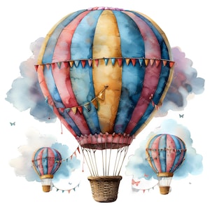 Hot Air Balloon Clipart Set, Watercolor Balloon PNGs, Pastel Travel Illustrations, Baby Shower Nursery Art, 10 Images