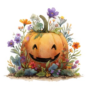 Pumpkin Floral Clipart, 10 Watercolor Halloween PNGs, Fall Botanical Pumpkins, Autumn Jack O&#39;Lantern Clip Art Set