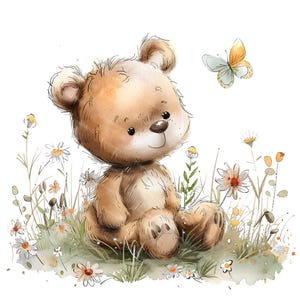 Baby Bear Watercolor Clipart, Cute Woodland Animal PNG, Nursery Art, Floral Teddy Bear, Baby Shower Sublimation Bundle