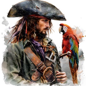 Watercolor Pirate Clipart Set, Pirate With Parrot PNG, Nautical Adventure Art, Pirate Illustration Bundle, Sublimation Graphics