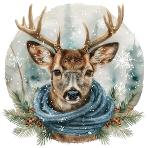 Winter Deer Clipart Set, 10 Watercolor Woodland Animals, Christmas Forest Clip Art, Snowy Stag PNG, Holiday Wildlife Bundle