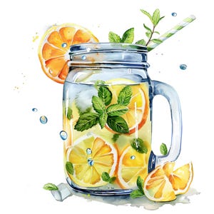 Watercolor Citrus Drink Clipart, 11 Summer Fruit PNGs, Lemonade Mason Jar Clip Art, Fresh Juice Clipart Bundle, Transparent PNGs