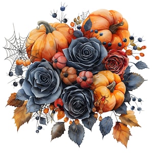 Halloween Floral PNG Clipart, 10 Watercolor Goth Pumpkin Rose Images, Spooky Fall Clip Art, Dark Botanical Bundle, Transparent Background
