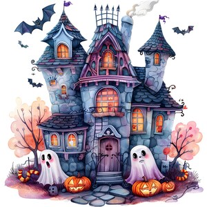 Halloween Haunted House Clipart Set, 11 Watercolor Ghost and Pumpkin PNGs, Spooky Halloween Clip Art, Witchy Fall Graphics