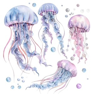 Watercolor Jellyfish Clipart Set, Ocean Sea Life PNG, Pastel Marine Creatures, Underwater Sublimation Design