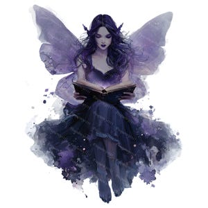 Fantasy Fairy Clipart, Watercolor Purple Fairy PNG, Mystical Book Reading Sprite Art, Enchanted Digital Download