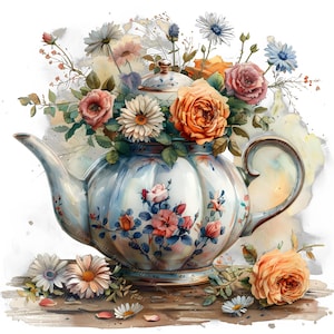 Watercolor Floral Teapot Clipart, 10 Vintage Flower PNGs, Blue Rose Teapot Illustrations, Cottagecore Botanical Clip Art, Digital Download