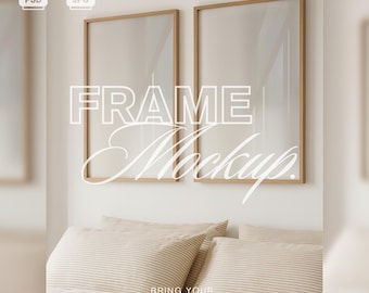 May include: Two rectangular wooden frames with glass, mounted on a white wall. The frames are above a bed with striped beige bedding. The text "FRAME Mockup" is overlaid on the image, along with the text "BRING YOUR DESIGNS TO LIFE."