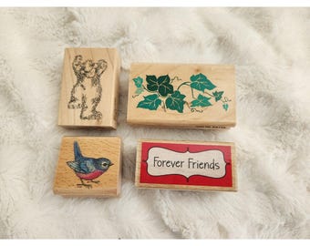 Wooden Rubber Stamps, Bear, Bird, Vines, Friends - Lot of 4