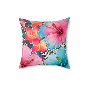Tropical Hibiscus Design, Faux Suede Pillow Cover, Home Decor Accent, Floral Cushion, Gift for Nature Lover, Square Throw Pillow