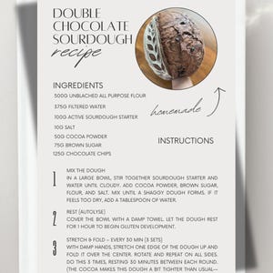 PDF met recept voor dubbel chocoladezuurdesembrood, eenvoudig ambachtelijk zuurdesemrecept, zuurdesembrood met chocolade, zelfgemaakt pdf-bestand zonder gist