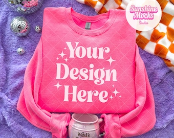 Safety Pink Halloween Mockup | Safety Pink Gildan 18000 Mockup | Hot Pink Halloween Sweatshirt Mockup | Preppy Halloween Mock | Folded Mock