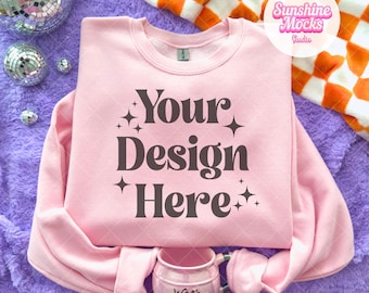 Light Pink Halloween Mockup | Light Pink Gildan 18000 Mockup | Light Pink Halloween Sweatshirt Mockup | Preppy Halloween Mock | Folded Mock