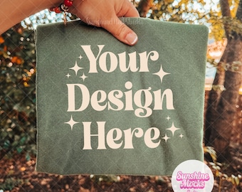 Moss Comfort Colors 1717 Mockup | Moss Shirt Mockup | Hand Held Shirt Mockup | Fall Comfort Color mockup | Outdoor Fall Mockup