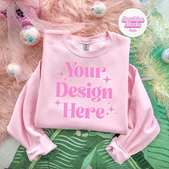 Light Pink Christmas Mockup | Light Pink Gildan 18000 Mockup | Folded Light Pink Christmas Sweatshirt Mockup | Preppy Coquette Mockup