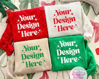 Group Gildan 18000 Christmas Mockup | Red, White, Sand, Irish Green Gildan 18000 | Folded Sweatshirt Mockup | Red and Green Christmas Mockup