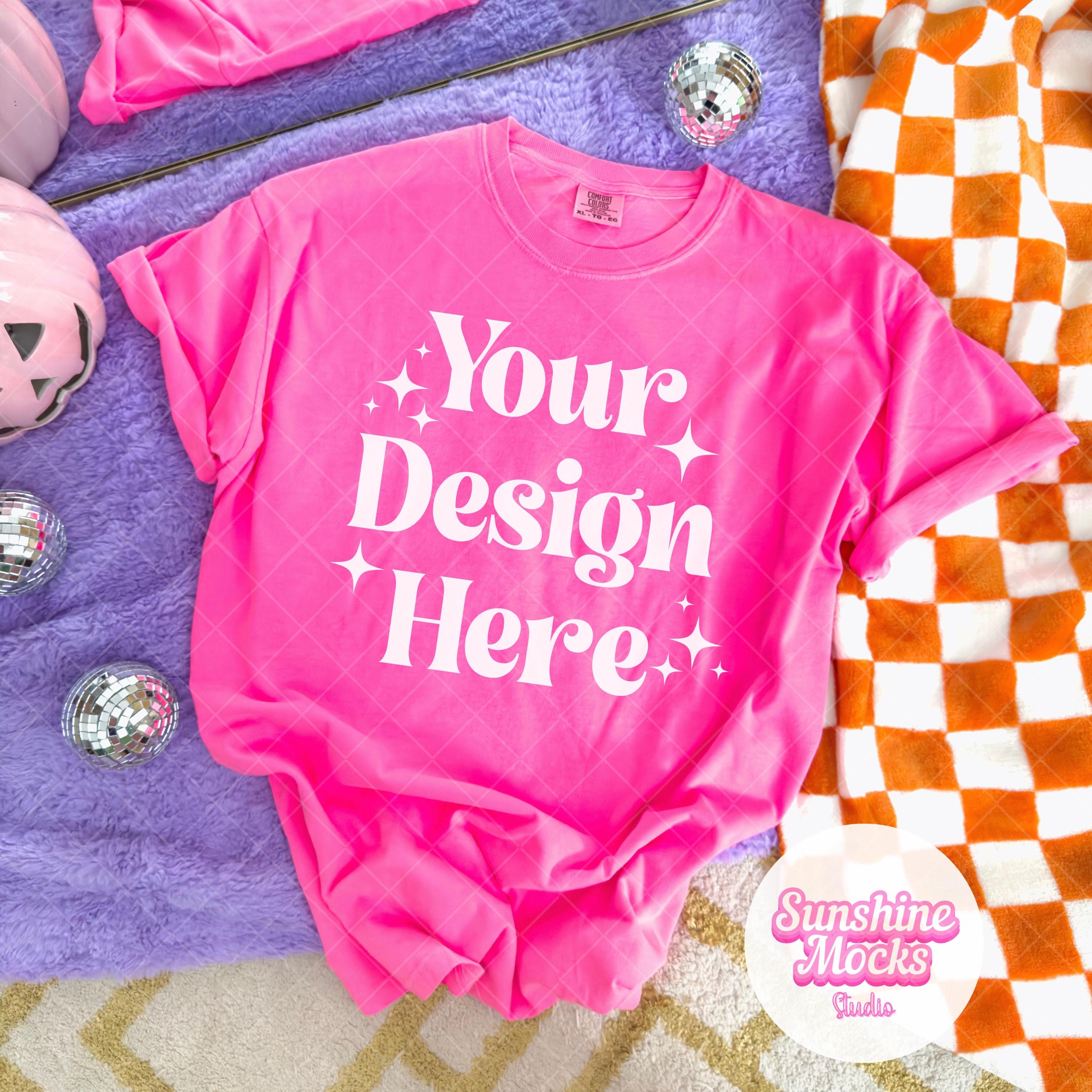 Neon Pink Halloween Mockup | Neon Pink 1717 Comfort Colors Mockup | Trendy Pink Flat Lay | Preppy Halloween Mock | Halloween Comfort Colors