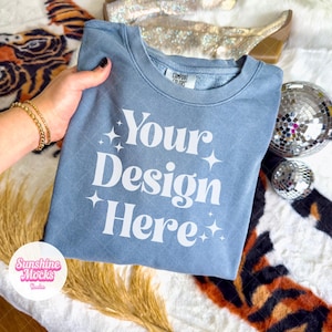 Blue Jean Comfort Colors 1466 Mockup | Blue Jean Lightweight Sweatshirt Mock | Comfort Colors Sweatshirt Mockup | Preppy Boho Western Mockup
