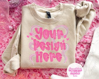 Sand Gildan 18000 Mockup for Valentine’s Day | Preppy Sand Flat Lay Mockup | Folded Sand Crewneck Sweatshirt