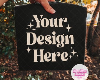 Black Comfort Colors 1717 Mockup | Black Shirt Mockup | Hand Held Shirt Mockup | Fall Comfort Color mockup | Outdoor Fall Mockup