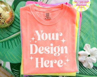 Neon Cantaloupe Comfort Colors 1717 Mockup | Folded Neon Cantaloupe Flat Lay Mockup | Comfort Colors Mockup | Cute Preppy Summer Mockup