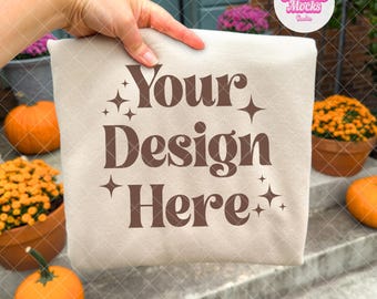 Sand Gildan 18000 Mockup | Fall Sweatshirt Mockup | Hand Held Sweatshirt Mockup | Fall Gildan 18000 mockup | Outdoor Fall Mockup