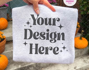 Ash Gildan 18000 Mockup | Fall Sweatshirt Mockup | Hand Held Sweatshirt Mockup | Fall Gildan 18000 mockup | Outdoor Fall Mockup