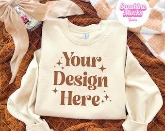 Sand Gildan 18000 Mockup | Fall Sweatshirt Mockup | Preppy Coquette Fall Mock | Cozy Gildan Flat Lay Mockup | Fall Gildan 18000 mockup