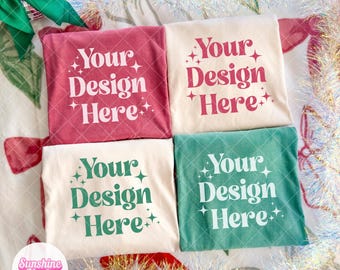Comfort Colors 1717 Group Mockup | Crimson Ivory & Light Green Mockup | Preppy Christmas Mockup | Folded Christmas Shirts Mockup