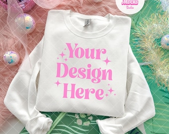 White Gildan Christmas Mockup | White Gildan 18000 Mockup | Folded White Christmas Sweatshirt Mockup | Preppy Coquette Mockup