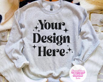 Ash Gildan 18000 Mockup | Ash Gray Sweatshirt Mockup | Preppy Boho Western Mockup | Gildan Flatlay Mockup