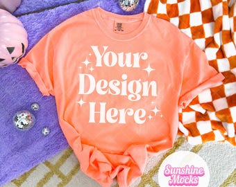 Neon Cantaloupe Halloween Mockup | Neon Cantaloupe 1717 Comfort Colors Mockup | Preppy Halloween Mock | Neon Halloween Comfort Colors