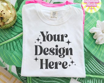 White Comfort Colors 1717 Mockup | Folded White Flat Lay Shirt Mockup | Comfort Colors Mockup | Cute Preppy Summer Mockup | 1717 Mockup