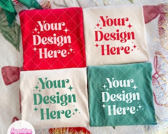 Comfort Colors 1717 Group Mockup | Red Ivory & Light Green Mockup | Preppy Christmas Mockup | Folded Christmas Shirts Mockup