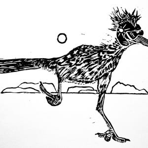 The Desert Roadrunner Art Print, Hand-made 9&quot;x12&quot; Linocut