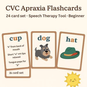 Apraxia Speech Therapy Flashcards – CVC Words (Beginner Level) 24-Card Set with Visual Cues for Parents & Therapists: Printed/Shipped Only