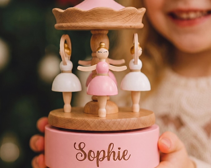 Wooden Ballerina Music Box for Girls – Custom Carousel, Birthday Cake, Christmas Music Box, Gift for Kids, Baby Shower & First Birthday Gift