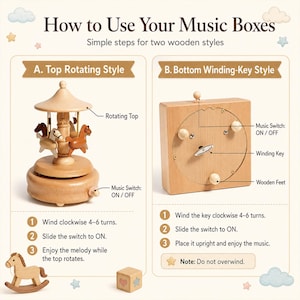 May include: An instructional graphic titled How to Use Your Music Boxes showing two wooden music box styles. Style A is a carousel with horses and a rotating top. Style B is a square box with a winding key, music switch, and wooden feet.