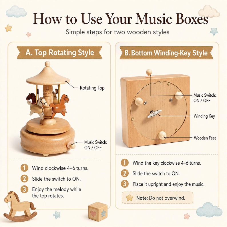 May include: An instructional graphic titled How to Use Your Music Boxes showing two wooden music box styles. Style A is a carousel with horses and a rotating top. Style B is a square box with a winding key, music switch, and wooden feet.