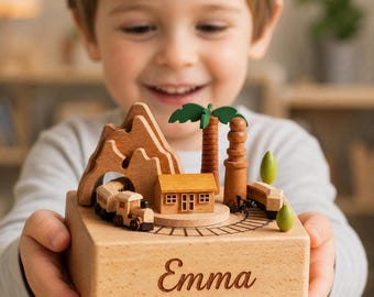 Personlig speldosa med rörligt tåg – Anpassat träminnessak för barn, babyshowerpresent, barnrumsdekor, födelsedagspresent, minnessak för nyfödda