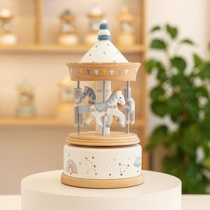 Personalized Carousel Music Box – Wooden Merry-Go-Round Music Box with Custom Engraving, Unique Gift for Kids, Birthday, Baby Shower, Xmas