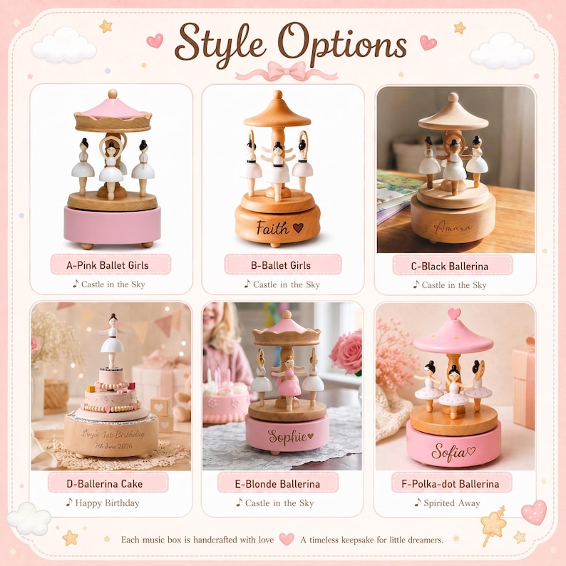 May include: A collection of six wooden music boxes featuring rotating ballerina figurines. Options include pink and natural wood bases, some with personalized names and heart icons, and various melodies like Castle in the Sky and Happy Birthday.