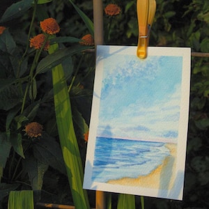 Original Watercolor Painting, Small Ocean Landscape, Minimal Coastal Art