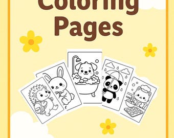Puede incluir: Una portada de libro para colorear con borde amarillo con el texto "Cute Animals Coloring Pages" en marrón. La portada presenta ilustraciones de un erizo, un conejito, un perro, un panda y un gato. Flores amarillas y nubes blancas decoran el fondo.